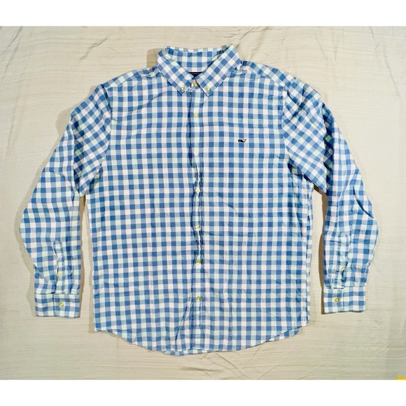 Vineyard Vines Slim Fit Whale Shirt Blue Check Long Sleeve Button Up Size Large - Picture 2 of 8